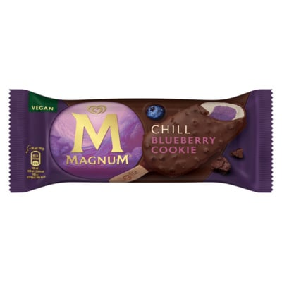 Magnum Chill 90ml - Introducing NEW Magnum Chill, the perfect treat for your pleasure-seeking customers. Enjoy intensely creamy vanilla biscuit ice cream wrapped around an intense core of fruity blueberry sorbet. Bite into the thick cracking vegan chocolate shell and let your taste buds come alive with intensely satisfying chunks of cookie pieces. Melt into a moment of Magnum indulgence and go wherever your mood takes you.
